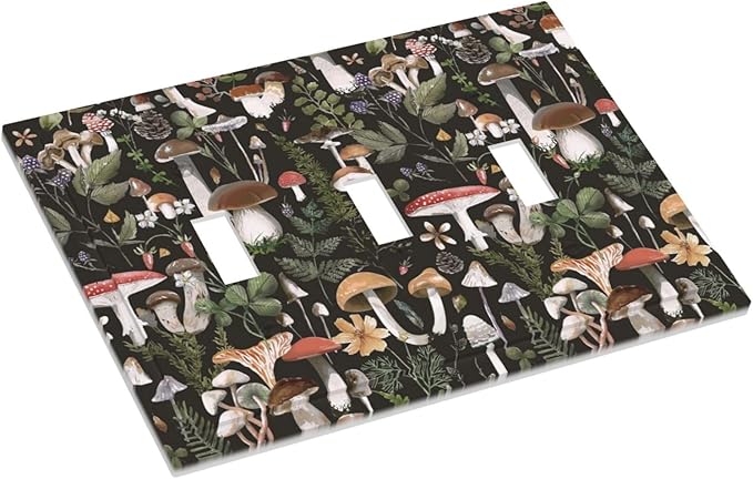 Black Boho Moth Botanic Mushroom 3 Gang Light Switch Plate Decorative Triple Toggle Wall Plate Cover Electrical Faceplate Switch Face Plate