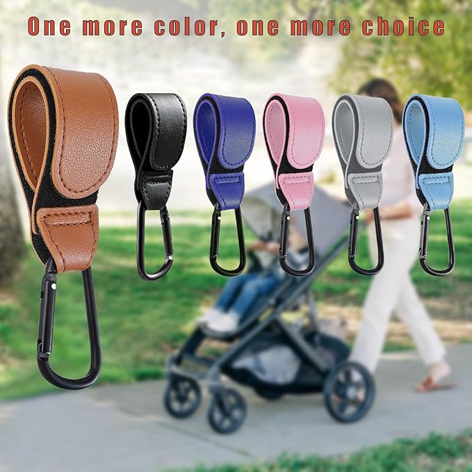 4 Pcs Leather Stroller Hook, Mommy Stroller Clip, Stroller Accessories Organizer Hook, Metal Hook for Strollers/Walkers/Mobility Scooter/Wheelchair/Rollator(Brown)