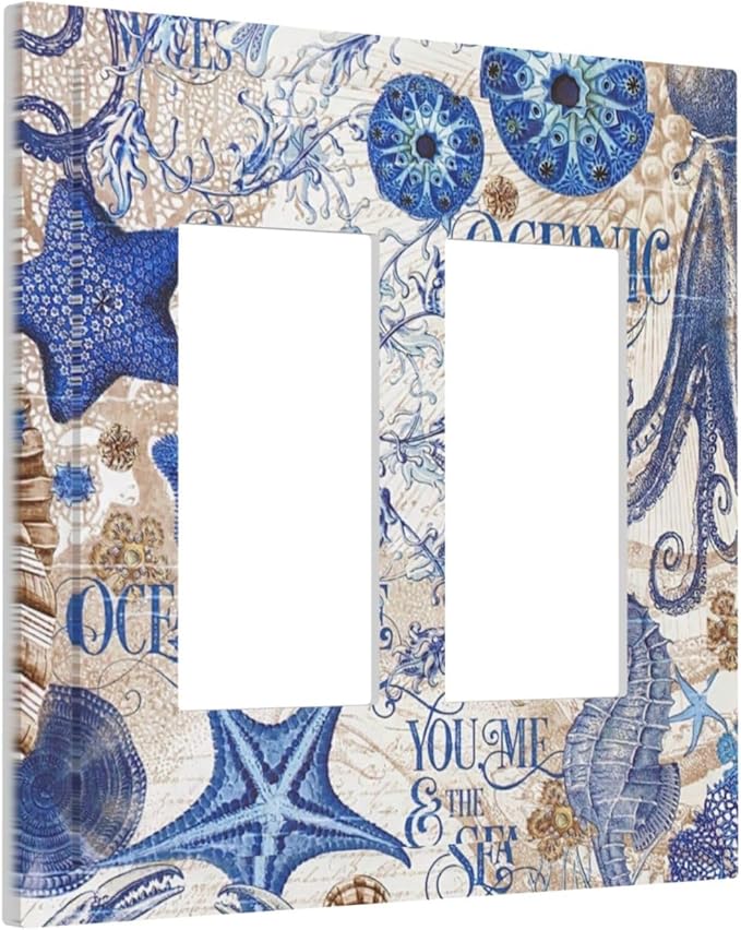 Decorative Outlet Covers Vintage Sea Blue Seahorse Starfish Octopus 2 Gang Double Gfci Rocker Electrical Wall Panels Light Switch Cover Plate For Kids Room Home Decor