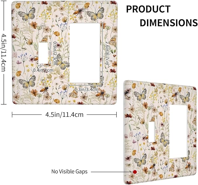 Vintage Butterflies 2 Gang Toggle Rocker Light Switch Cover Decorative Colorful Wildflower Combin Wall Plates Cute Bees Art Panel Beige Flower Leaves Dimmer Decor for Bedroom Kidroom