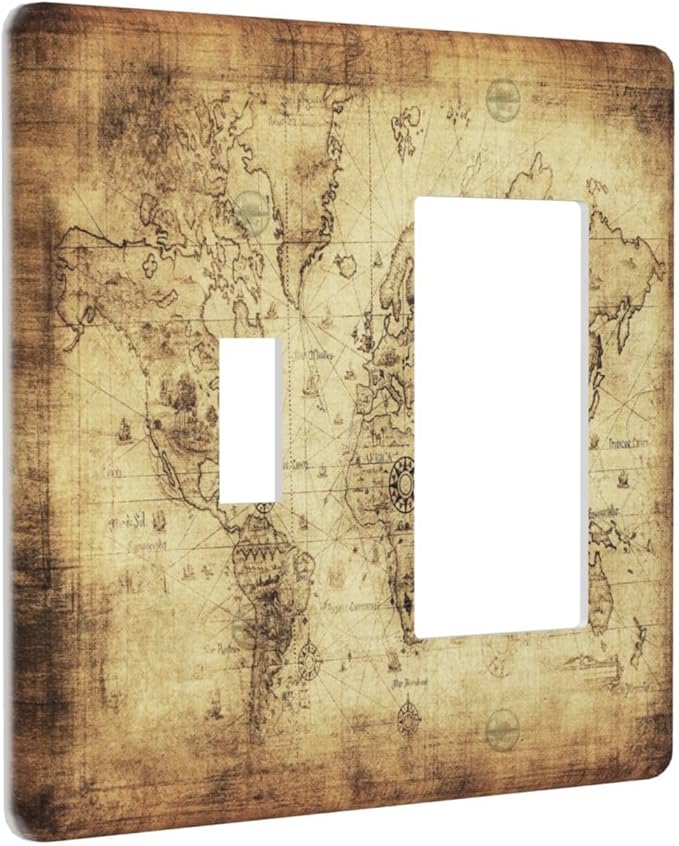 Old World Ocean Map 2 Gang Single Toggle/Rocker Combination Light Switch Cover Decorative Wall Plate Cover Electrical Faceplate Art Oil Painting Decor