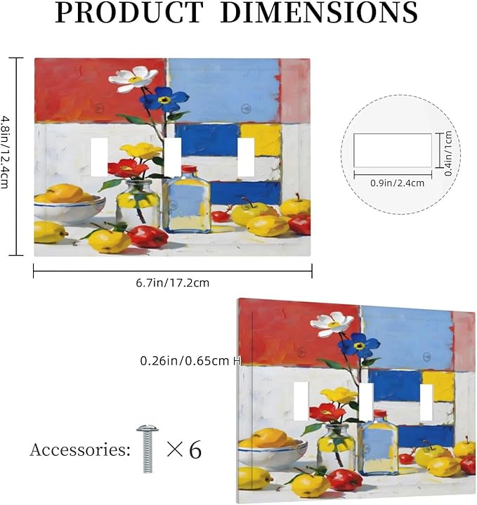 Color Block Floral Still Life Art Red Yellow Blue Abstract Decorative Switch Plates 3 Gang Wall Plate Triple Toggle Light Switch Cover Faceplate Electrical Wall Panels for Farmhouse Bedroom Decor