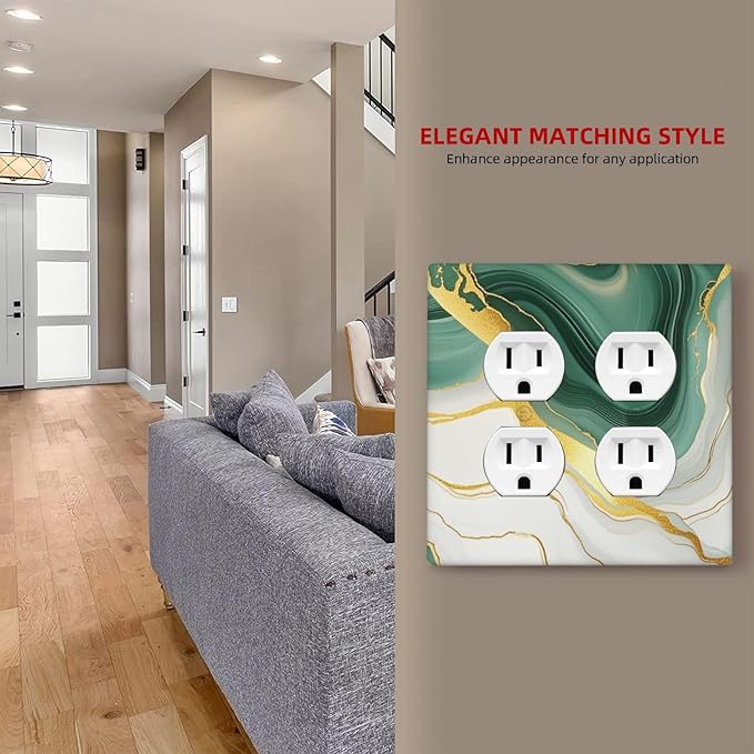 Outlet Covers Turquoise Marble Texture Golden Lines 2 Gang Double Duplex Decorative Light Switch Covers Electrical Wallplates Socket Faceplate For Bed Room Bathroom Decor