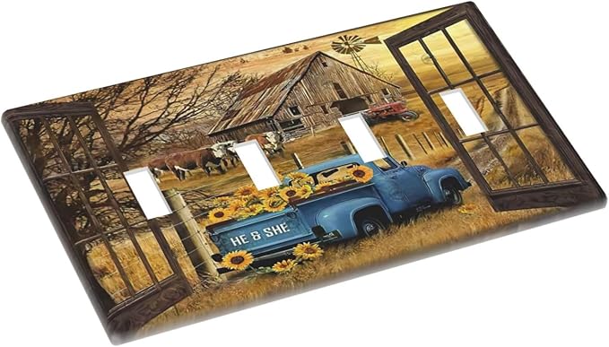 Fall Western Farmhouse Cow Quad Toggle Light Switch Cover Decorative Sunflower Barn door Blue Truck 4 Gang Wall Plate Electrical Faceplate Switchplate for Bathroom Home Living Room Decor