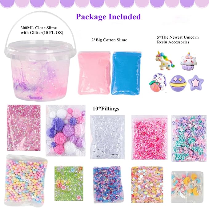 Clear Slime Unicorn Dreamy Glitter,10 oz Slime Bucket with 12 Bags Set,Party Favors,Great for Birthday Gifts for Girl and Boys,Christmas Stocking Stuffers