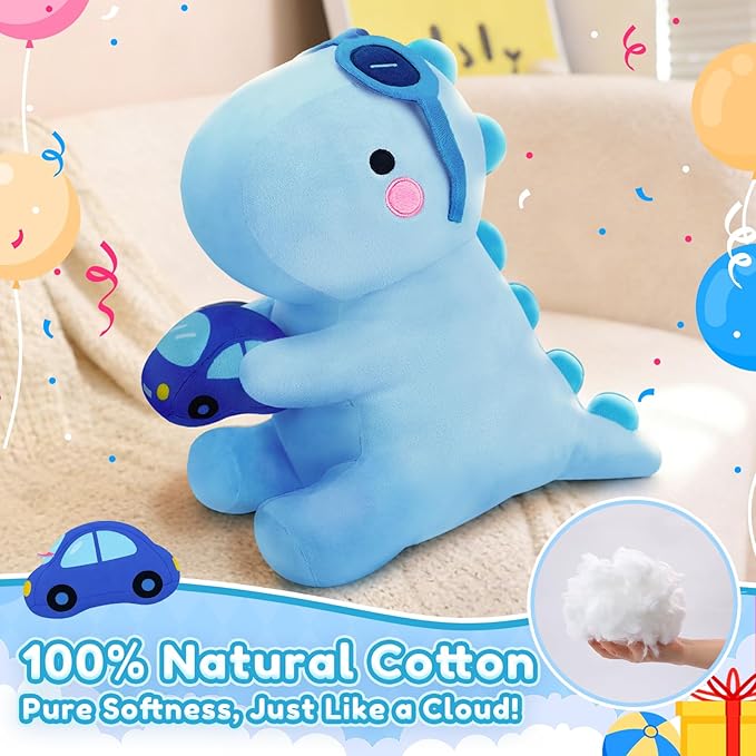 SQEQE Dinosaur Stuffed Animal, Cute Dinosaur Plush Toys with Car, Dino Plushies Anniversary Birthday Gift for Her Girls Boys Boyfriend Girlfriend(Blue,12 inch)