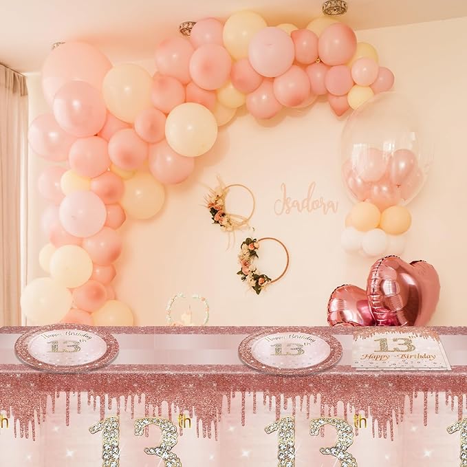 41Pcs 13th Birthday Party Decorations for Girls, Rose Gold Party Supplies Include 20 Plates 20 Napkins and 1 Pcs Tablecloth, Sweet Thirteen Year Old Birthday Party Tableware for Girls Kids Children