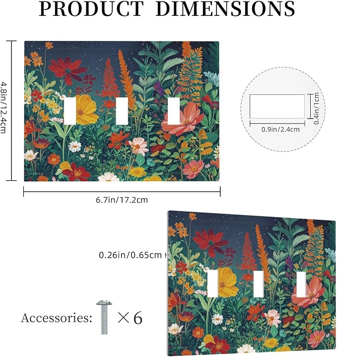 Decorative Switch Plate Cover with Wildflowers & Stars Botanical Floral Art Design 3 Gang Artistic Wall Plate Unique Triple Toggle Light Switch Covers for Garden Theme Wall Decor
