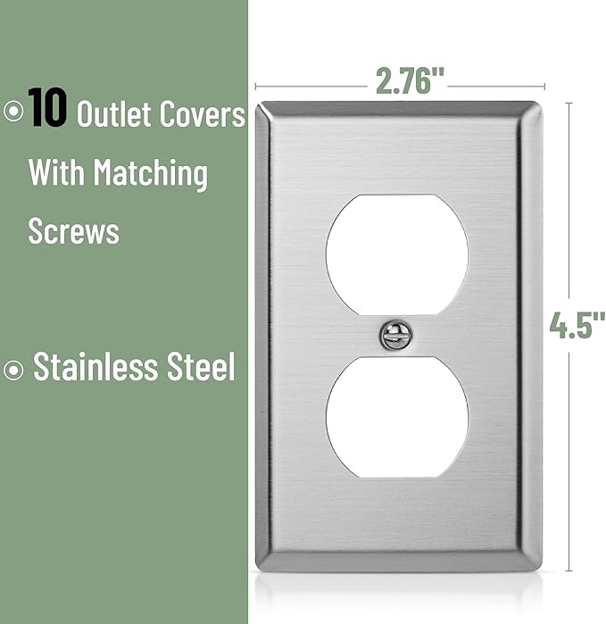 Bates- Metal Duplex Receptacle Wall Plate, 4.5" x 2.76"/Standard Size, 10 Pack, Stainless Steel Outlet Covers Wall Plate, Electric Outlet Cover Plates
