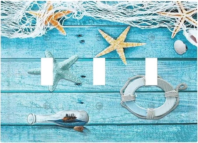 Turquoise Teal Fishing Net Wood Plank 3 Gang Light Switch Plate Decorative Triple Toggle Wall Plate Cover Electrical Faceplate for Bathroom Home Living Room Decorate