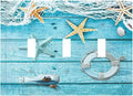 Turquoise Teal Fishing Net Wood Plank 3 Gang Light Switch Plate Decorative Triple Toggle Wall Plate Cover Electrical Faceplate for Bathroom Home Living Room Decorate