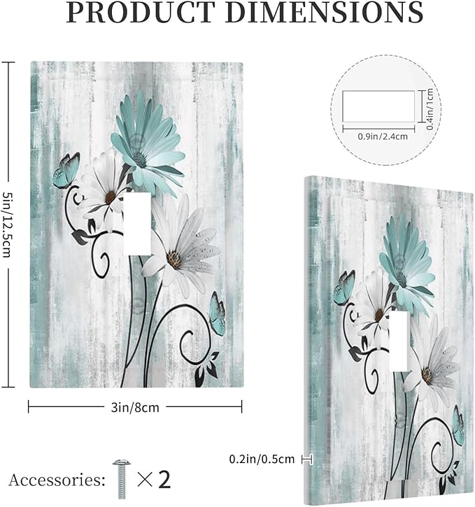 Teal Daisy Vintage Flower Butterfly Rustic Wood Print Decorative Light Switch Cover 1 Gang Single Toggle Device Electrical Faceplate Switchplates Decorator Outlet Wall Plate for Farmhouse Home Decor