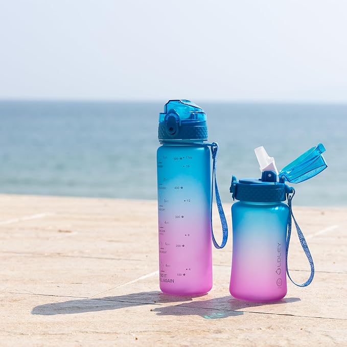 OLDLEY Kids Water Bottle for School, 12 oz (2 lids) BPA-Free Reusable Leak-proof Durable Tritan Plastic Water Bottles with Straw & Chug Lids, Anti-dust Spout Cover (Lake)
