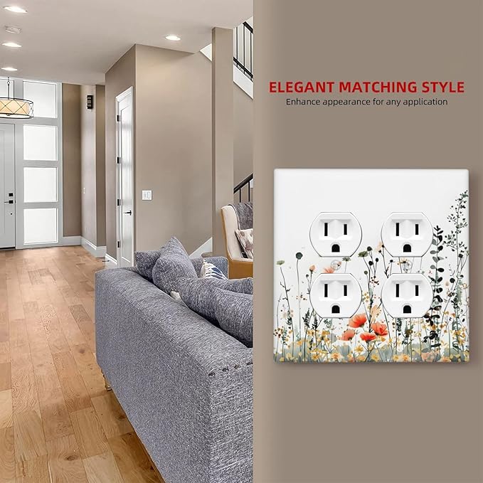 Vintage Country Style Watercolor Leaves Wildflowers Floral Outlet Covers 2 Gang Double Duplex Decorative Light Switch Covers Electrical Wallplates Socket Faceplate for Bedroom Living Room Decor