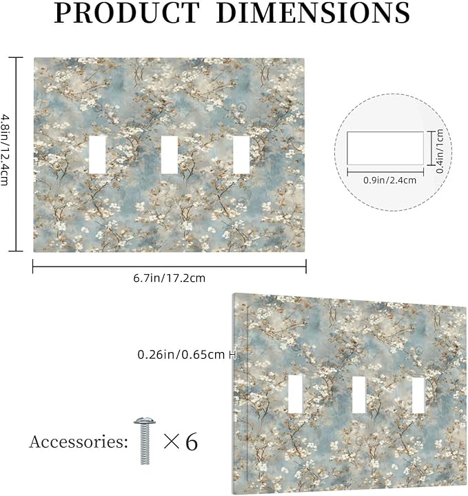 Decorative Light Switch Cover Plate Rustic Blue White Plum Blossom Flower 3 Gang Wall Plates for Electrical Triple Toggle Switch Plate Covers Outlet Covers Faceplate for Bedroom Decor