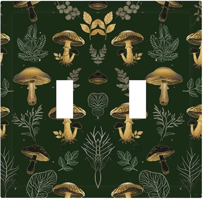 Decorative Light Switch Cover Plate Cute Gold Mushtroom Green Plant Leaf 2 Gang Outlet Covers Double Toggle Wall Plates for Electrical Outlets Switch Plate Covers Faceplate for Home Decor