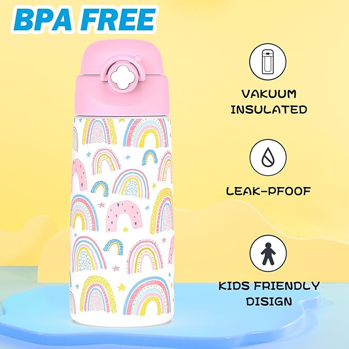 Girls Insulated Water Bottle with Covered Pop-Up Straw,16 oz Kids Cups with Stainless Steel Leak Proof for School（2 pack,Unicorn+Rainbow-pink）