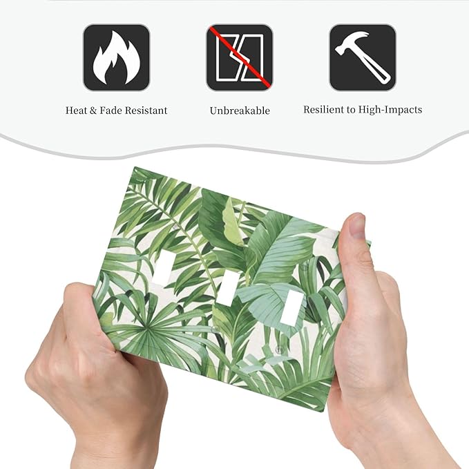 Tropical Palm Trees Leaves 3-Gang Toggle Device Switch Wall Plate Green Greenery Jungle Botanical Plant Boho Monstera Leaf Mid-Size Decorative Triple Decorator Light Switch Outlet Cover Faceplate
