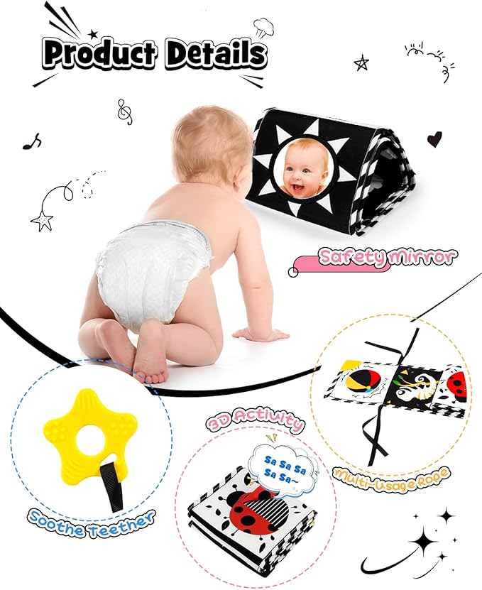 Baobrava 3 PCS Black and White High Contrast Baby Toys for Newborn, Montessori Toy Sensory Infant Tummy Time Toy Baby Essentials 0-6-12 Months Gifts