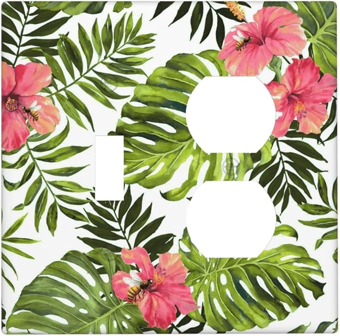 Outlet Covers Tropical Plant Green Palm 2 Gang Combination 1 Toggle/1 Duplex Light Switch Cover Decorative Gfci Wall Plate Electrical Receptacle Switchplate Faceplate for Bathroom Decor