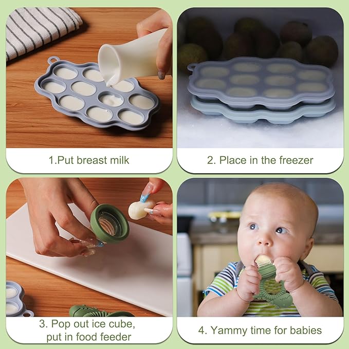 Baby Breastmilk Popsicle Molds & Fruit Feeder Pacifier, Silicone Baby Food Freezer Tray Storage Containers for Infant Teething Self Feeding