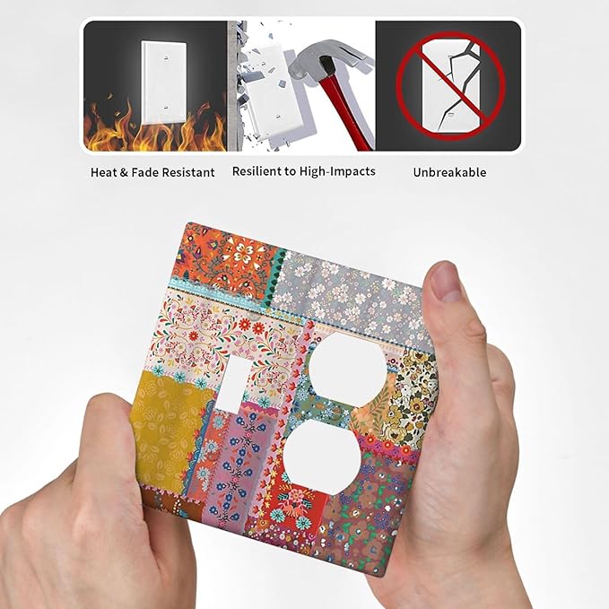 Decorative Outlet Covers Boho Patchwork Bohemian Stitching Colorful Floral 2 Gang Wall Plate Single Toggle Duplex Light Switch Cover Switch Plate Covers Faceplate for Bedroom Decor