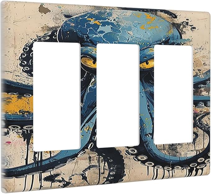 Light Switch Covers Nautical Vintage Blue Octopus Yellow Eyes Oil Watercolor 3 Gang Rocker Electrical GFCI Decorative Triple Outlet Wall Plate Cover Switchplate for Kids room Nursery Decor