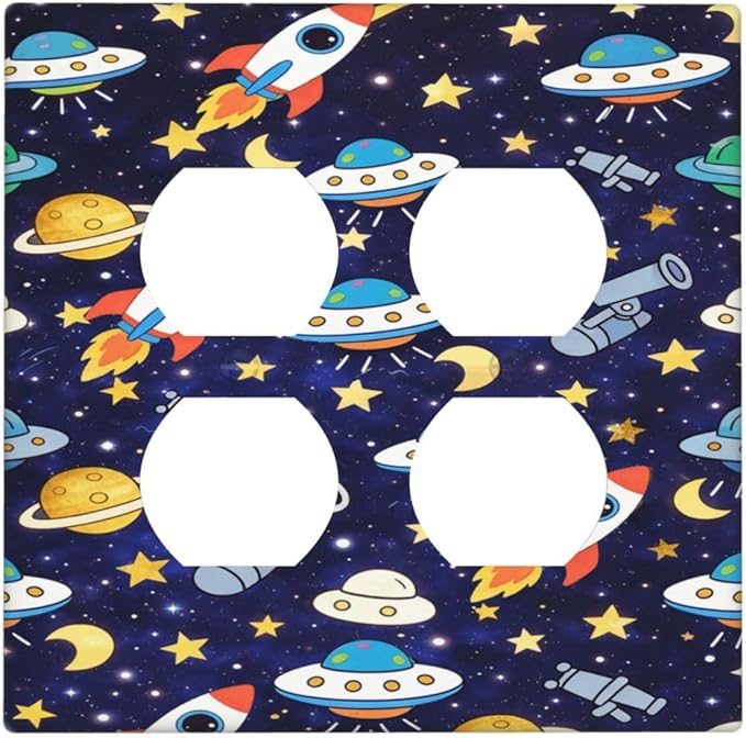 Decorative Outlet Covers Blue Space-themed Rocket Spaceship 2 Gang Light Switch Cover Plate Double Duplex Wall Plates for Electrical Switch Plate Covers for Children's Room Decor