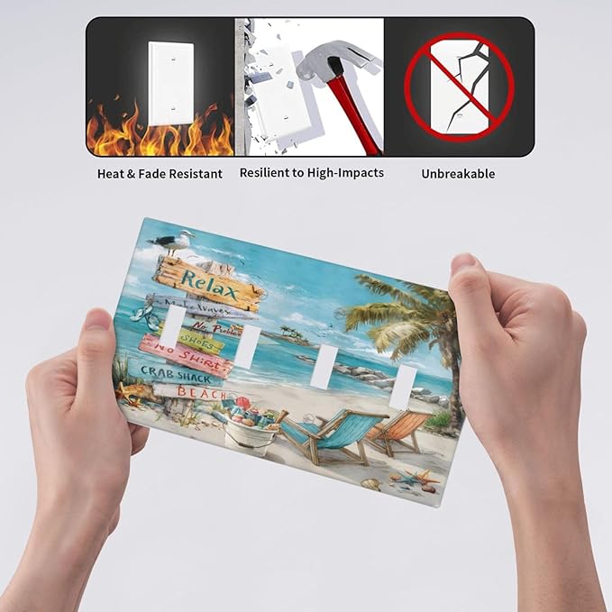 Ocean Beach Tropical Palm Tree Coastal Seaside Light Switch Covers Quad Toggle Electrical Faceplate 4 Gang Wall Plate Decorative Switch Plates Cover for Kids Room Living Room Decor