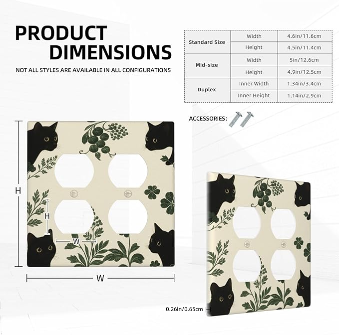 Decorative Outlet Covers Funny Black Cat Green Leaf 2 Gang Light Switch Cover Plate Double Duplex Wall Plates for Electrical Outlets Switch Plate Covers for Bedroom Home Decor