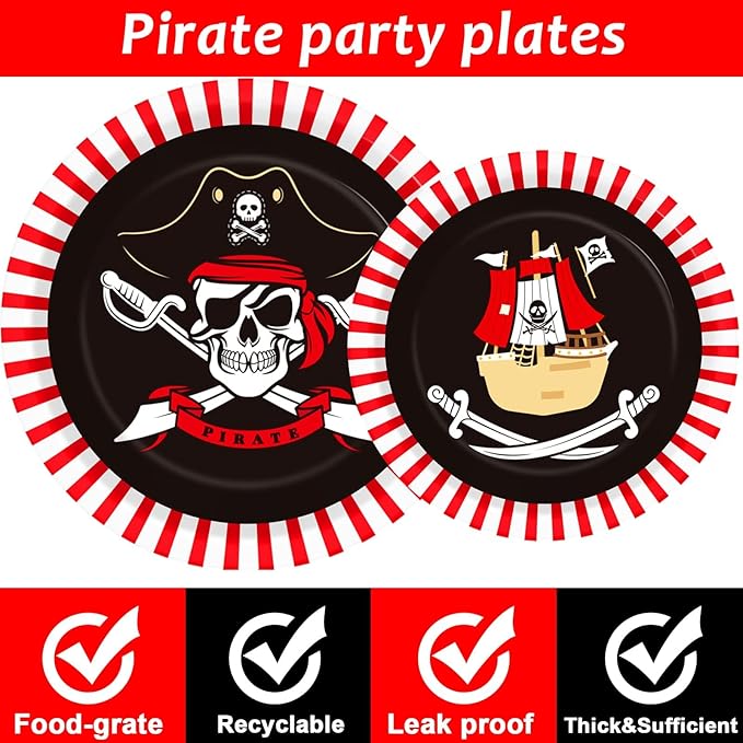 96pcs Pirate Birthday Tableware Set Pirates Party Paper Plates and Napkins Decorations Pirate ship Bone Disposable Dinnerware Supplies for Adult Teens Kids Birthday Party Favor, Severs 24
