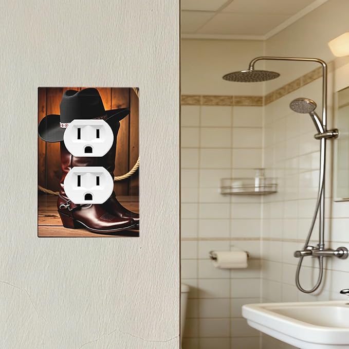 Western Cowboy Boots & Hat Duplex Wall Plate - 1-Gang Standard US Size Rustic Ranch Cowboy Outlet Covers for Man Cave Bedroom Decor