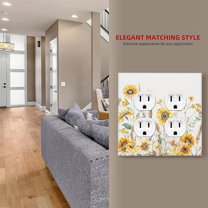 Yellow Floral Sunflowers Wheat Ears Watercolor Wild Flowers Outlet Covers 2 Gang Double Duplex Decorative Light Switch Covers Electrical Wallplates Socket Faceplate for Bedroom Living Room Decor
