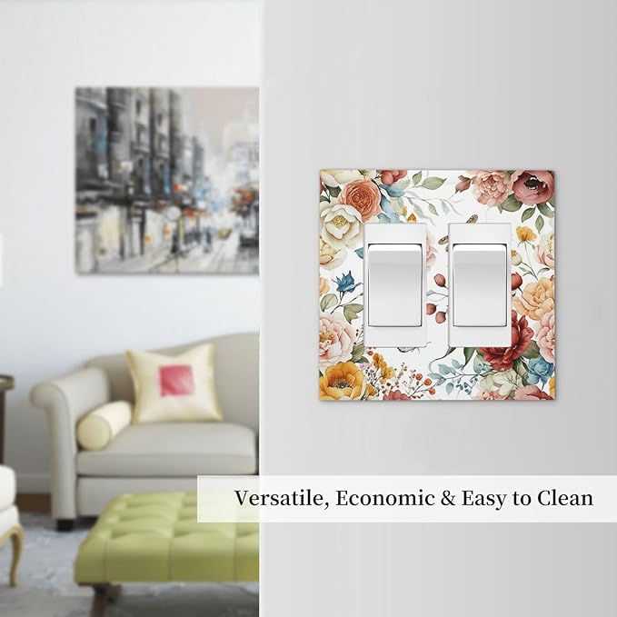 Rustic Style Colorful Peony Butterfly Dragonfly Decorative Outlet Covers 2 Gang Double Gfci Rocker Electrical Wall Panels Light Switch Cover Plate for Bedroom Living Room Decor