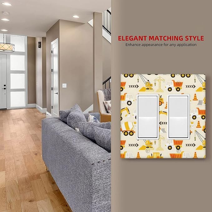 Decorative Outlet Covers Construction Vehicle Yellow Trucks Diggers 2 Gang Light Switch Cover Plate Double Rocker Wall Plates for Electrical Outlets Switch Plate Covers for Home Decor