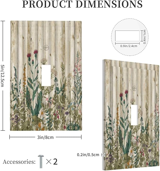 Vintage Wild Flowers Botanical Green Leaves Plants 1 Gang Light Switch Covers Decorative Rustic Wood Plank Single Toggle Wall Plate Switchcover Electrical Switchplate for Farmhouse Bedroom Decor