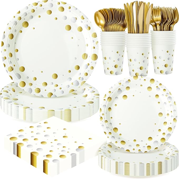 White and Gold Dots Plates Set for 24 Guests,168PCS Disposable Dinnerware Party Supplies,Paper Plates Napkins Cups Gold Forks Knives Spoons for Birthday Baby Shower Graduation Retirement Anniversary