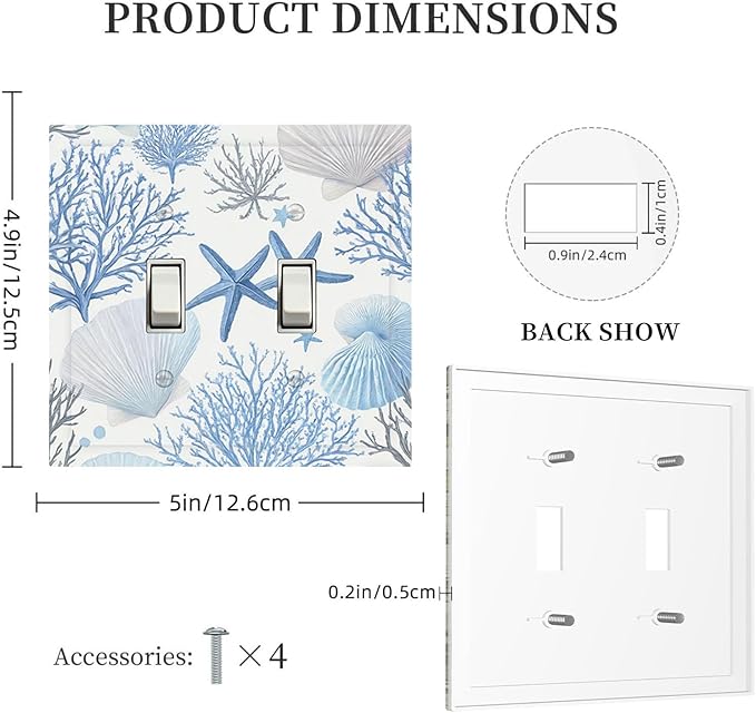 Coastal Blue Coral & Starfish Double Toggle Switch Cover - 2-Gang Standard US Size Watercolor Ocean Treasures Light Switch Covers, Serene Underwater Garden for Beach House Decor