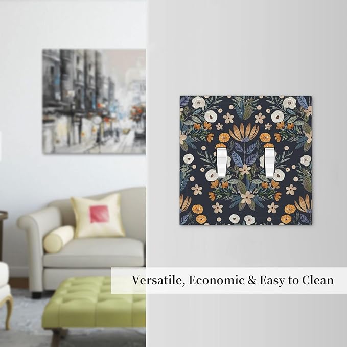 Boho Leaf Floral Navy Blue Background Double Toggle Light Switch Covers 2 Gang Wall Plate Dual Decorative Switchplate Electrical Faceplate for Farmhouse Country Bedroom Bedroom Decor