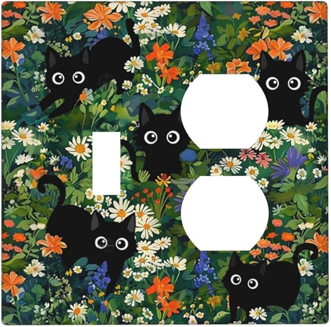 Funny Boho Cute Black Pets Cats Paw 2-Gang 1-Toggle 1-Duplex Device Combination Wallplate Cool Lovely Kawaii Cartoon Kittens One Toggle Switch and One Duplex Receptacle Outlet Combo Light Switch Cover