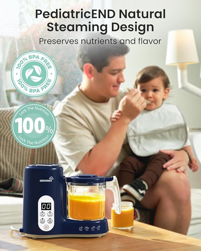 Grownsy Baby Food Maker with Steam Basket, One Step Baby Food Processor Steamer Puree Blender Grinder Mills Machine, Auto Cooking Grinding and Sterili-zing for Healthy Homemade Baby Food, Dark Blue