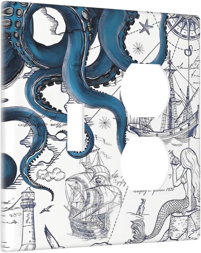 Nautical Vintage Map Octopus Mermaid Lighthouse Boat Wallplates 1 Toggle 1 Duplex Switch Plate Electrical GFCI Faceplate Decorative Light Switch Covers for Bathroom Kids Room Decor