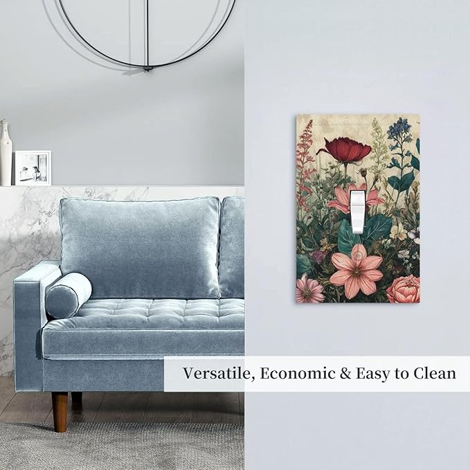 Decorative Light Switch Cover Plate Rustic Wildflower Red Floral Green Plant 1 Gang Wall Plate Oversized Single Toggle Wall Cover Plate Jumbo Electrical Switchplate Face Plate