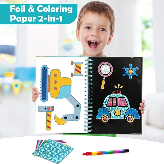 FUNNYB&G Foil Art Crafts for Kids Ages 4-8: Mother's Day 2026, Birthday Gift for Boys, Art and Crafts Supplies, Party Favors, Creative Toys for Boys 4 5 6 7 8 9 Years Old (Vehicle)