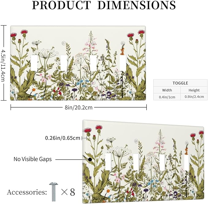 Country Vintage Wild Flowers Boho Floral 4 Gang Quadruple Toggle Light Switch Plate and Outlet Covers, Colorful Wildflower Border Botany Quad Device Toggle Decorative Electrical Socket Face Wall Plate