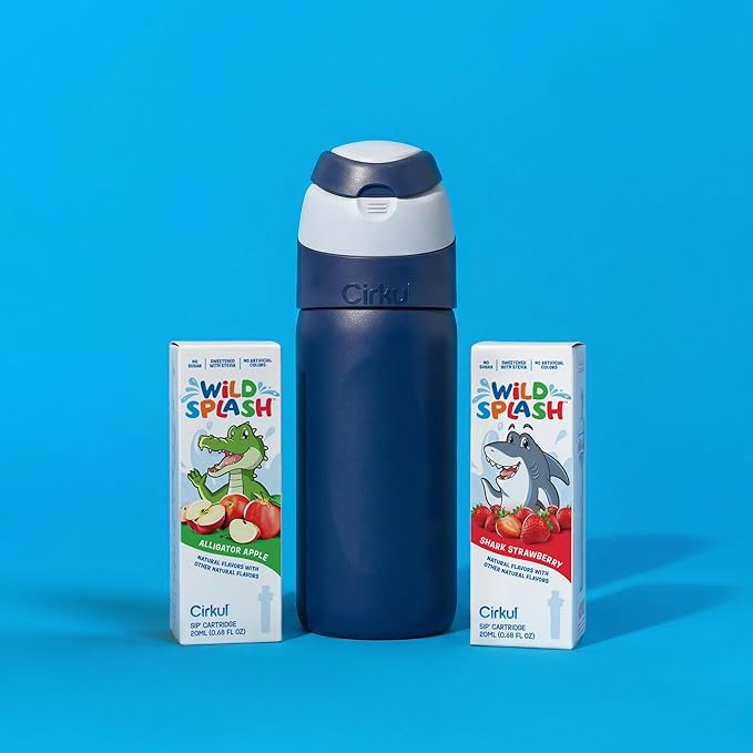 Cirkul 16oz Midnight Blue StrawSip Flip Stainless Steel Water Bottle - Double Walled Vacuum Insulated Bottle For Kids and Teens with Flavor Cartridge Included, No Sugar, Zero Calories (Caffeine Free)