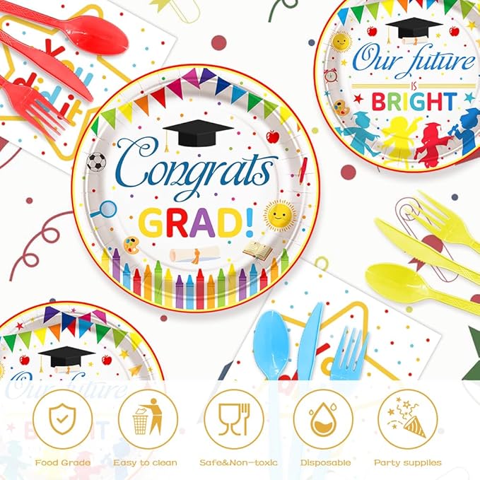 AIBIIN 192 Pcs Kindergarten Graduation Party Decorations 2026 Preschool Graduation Party Supplies Congrats Grad Disposable Tableware Set with Plates Napkins Cups Serves 24 Guests