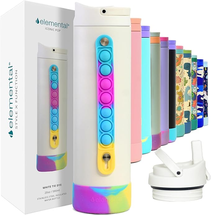 Elemental Iconic Kids Water Bottle for School - 100% Leak-Proof Insulated Water Bottles with Straw Lid & Pop-It Handle for Boys & Girls - Triple-Wall Insulated & BPA-Free, 20oz – White Tie Dye