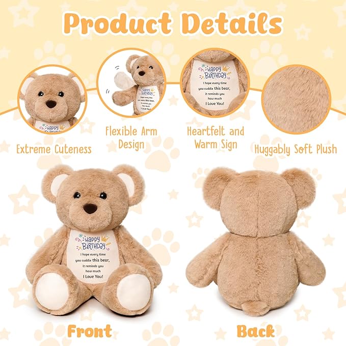 15" Happy Birthday Teddy Bear with Heartfelt Message - Soft Cuddly Plush Toy - Romantic & Sentimental Birthday Gift for Girlfriend, Wife, Kids, Daughter, Son - I Love You Keepsake