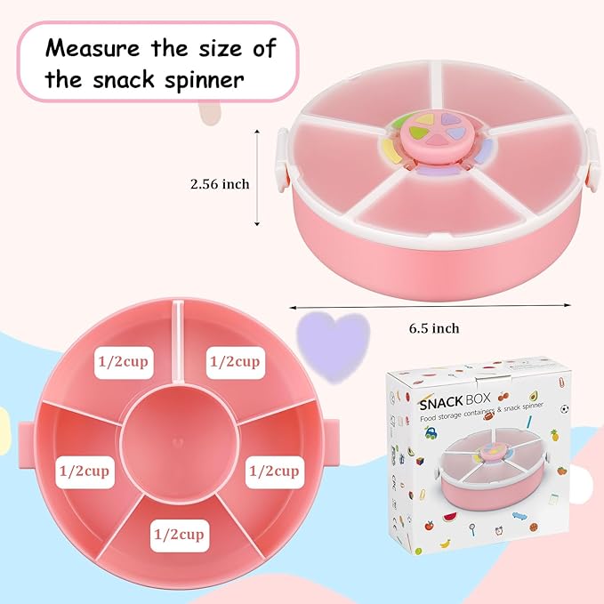 JOOPETALK Kids' Rotating Snack Container Set – 2-Pack, Includes 1 Rotating Snack Container & 1 Round Sectioned Snack Box, BPA-Free, Dishwasher Safe, Perfect for Travel-Pink